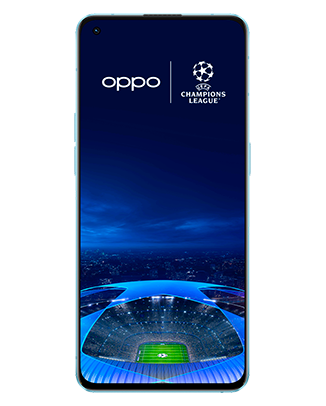 Telefon Telefon OPPO Reno 6 5G Albastru, cu imagine de fundal cu logo UEFA Champions League, privit din fata