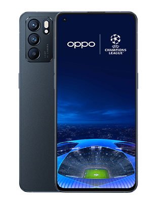 Telefon Telefoane OPPO Reno 6 5G Negru, vizibil fata spate, imagine de fundal cu logo UEFA Champions League, pe telefonul cu spatele observandu-se cele 3 camere