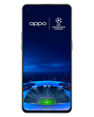 Telefon Telefon OPPO Reno 6 5G Negru, cu imagine de fundal cu logo UEFA Champions League, privit din fata