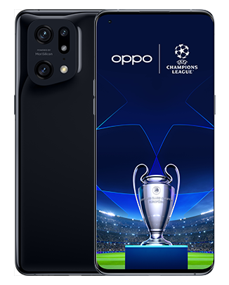 Telefon Telefoane OPPO Find X5 Pro Negru fata spate imagine de fundal cu logo si UEFA Champions League pe telefonul cu spatele observand 3 camere