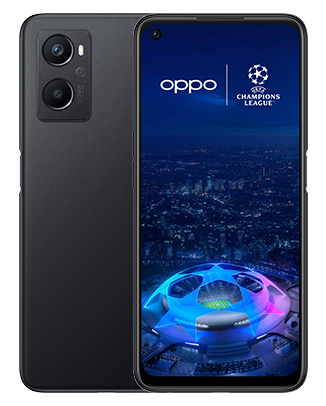 Telefon Telefoane OPPO A96 Negru, vizibil fata spate, imagine de fundal cu logo UEFA Champions League, pe telefonul cu spatele observandu-se cele 2 camere