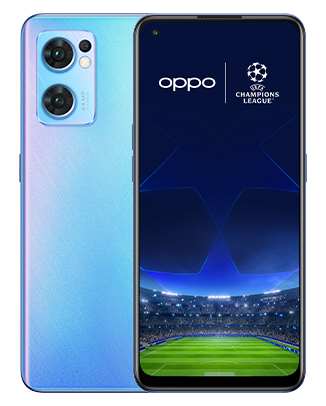 Telefon Telefoane OPPO Reno 7 5G Albastru, vizibil fata spate, imagine de fundal cu logo UEFA Champions League, pe telefonul cu spatele observandu-se cele 3 camere