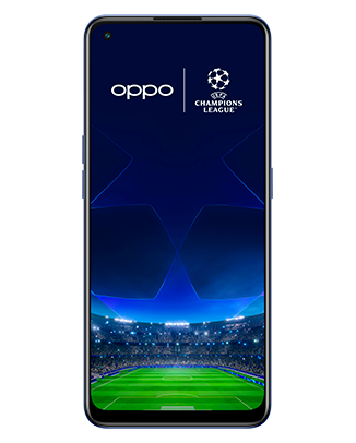 Telefon Telefon OPPO Reno 7 5G Albastru, cu imagine de fundal cu logo UEFA Champions League, privit din fata