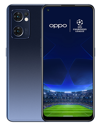Telefon Telefoane OPPO Reno 7 5G Negru, vizibil fata spate, imagine de fundal cu logo UEFA Champions League, pe telefonul cu spatele observandu-se cele 3 camere