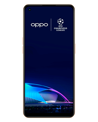 Telefon Telefon OPPO Reno 7 4G Portocaliu, cu imagine de fundal cu logo UEFA Champions League, privit din fata