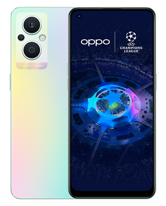 Telefon Telefoane OPPO Reno 7 Lite 5G Curcubeu fata spate imagine de fundal cu logo UEFA Champions League pe telefonul cu spatele observand 3 camere