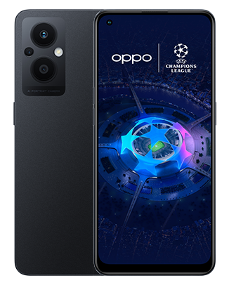 Telefon Telefoane OPPO Reno 7 Lite 5G Negru fata spate imagine de fundal cu logo UEFA Champions League pe telefonul cu spatele observ