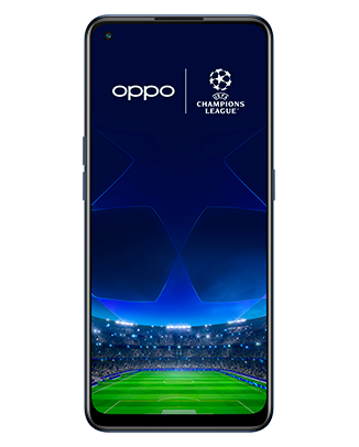 Telefon Telefon OPPO Reno 7 5G Negru, cu imagine de fundal cu logo UEFA Champions League, privit din fata