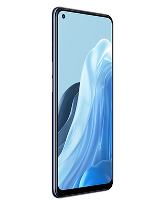 Telefon Telefon OPPO Reno 7 5G Negru cu imagine de fundal cu valuri albastre, privit din fata de la un unghi de 20 de grade spre dreapta