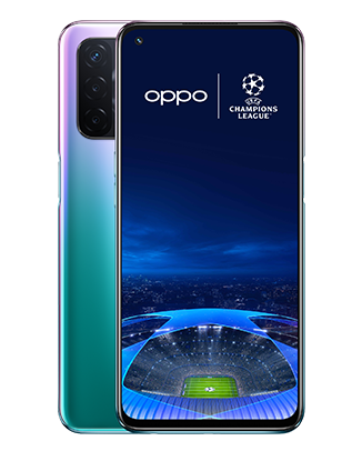 Telefon Telefoane OPPO A54 5G Mov, vizibil fata spate, imagine de fundal cu logo UEFA Champions League, pe telefonul cu spatele observandu-se cele 3 camere