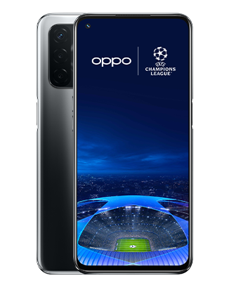 Telefon Telefoane OPPO A54 5G Negru, vizibil fata spate, imagine de fundal cu logo UEFA Champions League, pe telefonul cu spatele observandu-se cele 3 camere