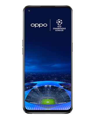 Telefon Telefon OPPO A54 5G Negru, cu imagine de fundal cu logo UEFA Champions League, privit din fata