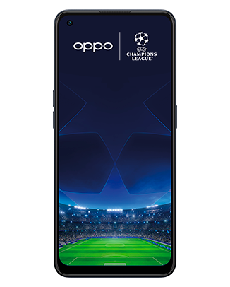 Telefon Telefon OPPO Reno8 5G Negru, cu imagine de fundal cu logo UEFA Champions League, privit din fata