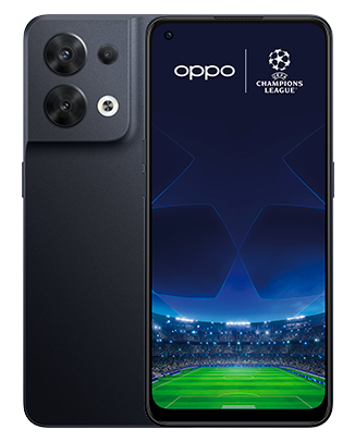 Telefon Telefon OPPO Reno8 5G Negru, vizibil fata spate, imagine de fundal cu logo UEFA Champions League, pe telefonul cu spatele observandu-se cele 3 camere