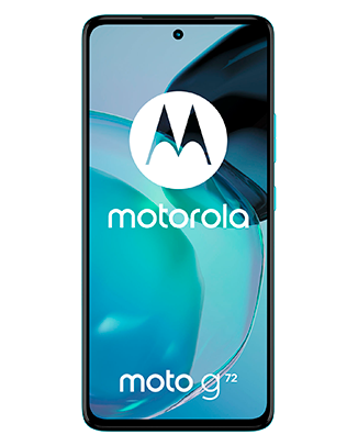 Telefon Telefon Moto G72 Albastru, cu imagine de fundal cu logo Motorola, privit din fata
