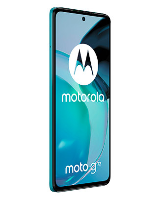 Telefon Telefon Moto G72 Albastru, cu imagine de fundal cu logo Motorola, privit din fata stanga