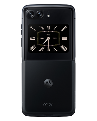 Telefon Telefon Motorola RAZR 2022 Negru, deschis, observandu-se camerele si ceasul