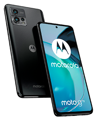 Telefon Telefon Moto G72 Negru, vizibil fata spate, imagine de fundal cu logo Motorola, pe telefonul cu spatele observandu-se cele 3 camere
