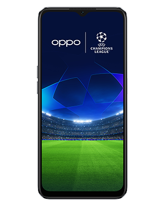 Telefon Telefon OPPO A57s Negru, cu imagine de fundal cu logo UEFA Champions League, privit din fata