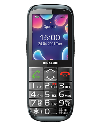 Telefon Telefon Maxcom MM724, cu butoane, cu imagine de fundal cu bule colorate, privit din fata