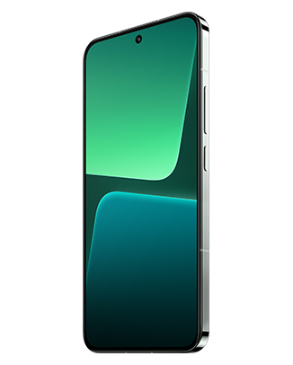 Telefon Telefon Xiaomi 13, verde, vizibil din dreapta fata, imagine de fundal cu patrulatere verzi