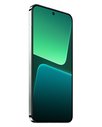 Telefon Telefon Xiaomi 13, verde, vizibil din stanga fata, imagine de fundal cu patrulatere verzi
