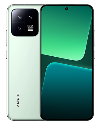 Telefon Telefon Xiaomi 13, verde, vizibil fata spate, imagine de fundal cu patrulatere verzi, pe telefonul cu spatele observandu-se cele 3 camere