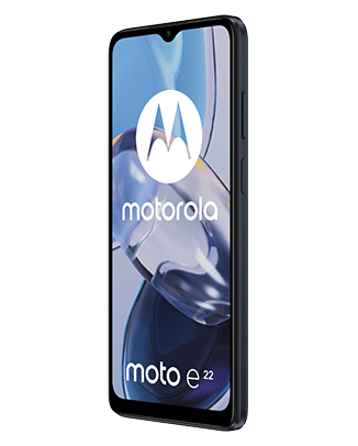 Telefon Telefon Motorola E22, negru, vizibil din dreapta fata, imagine de fundal cu tonuri de gri