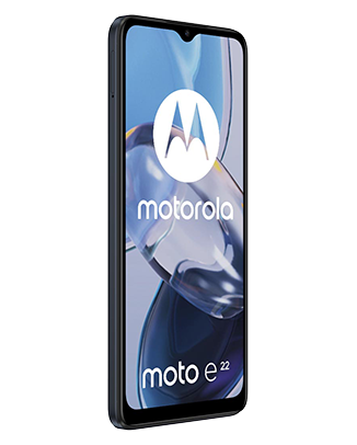 Telefon Telefon Motorola E22, negru, vizibil din stanga fata, imagine de fundal cu tonuri de gri