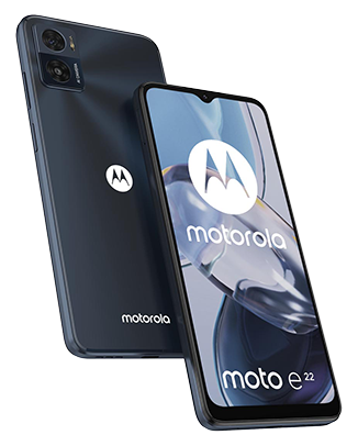 Telefon Telefon Motorola E22, negru, vizibil fata spate, imagine de fundal cu tonuri de gri, pe telefonul cu spatele observandu-se cele 2 camere