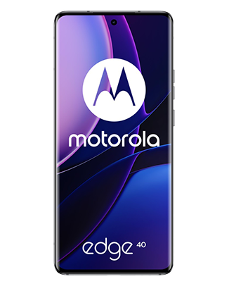 Telefon Telefon Motorola Edge 40, negru, vizibil din fata, imagine de fundal cu tonuri violet