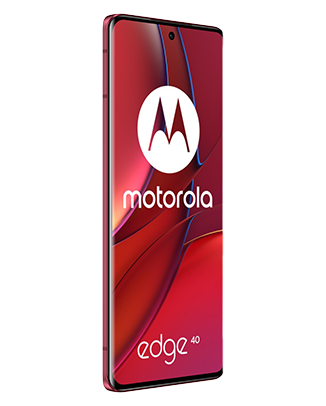 Telefon Telefon Motorola Edge 40, rosu, vizibil din stanga fata, imagine de fundal cu valuri rosii