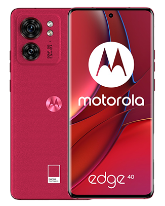 Telefon Telefon Motorola Edge 40, rosu, vizibil fata spate, imagine de fundal cu valuri rosii, pe telefonul cu spatele observandu-se cele 2 camere (2)