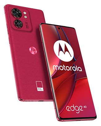 Telefon Telefon Motorola Edge 40, rosu, vizibil fata spate, imagine de fundal cu valuri rosii, pe telefonul cu spatele observandu-se cele 2 camere