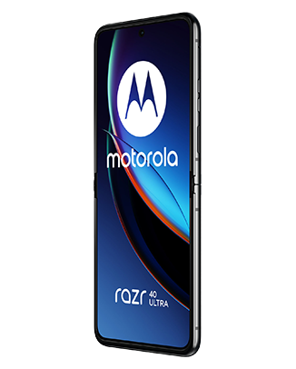 Telefon Telefon Motorola Razr 40 Ultra, negru, vizibil din dreapta fata, deschis, imagine de fundal cu tonuri albastre