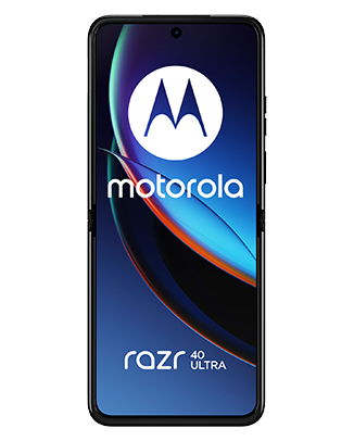 Telefon Telefon Motorola Razr 40 Ultra, negru, vizibil din fata, deschis, imagine de fundal cu tonuri albastre
