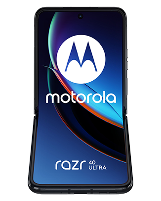 Telefon Telefon Motorola Razr 40 Ultra, negru, vizibil din fata, partial deschis, imagine de fundal cu tonuri albastre