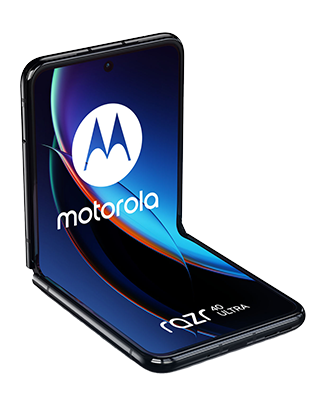 Telefon Telefon Motorola Razr 40 Ultra, negru, vizibil din stanga fata, partial deschis, imagine de fundal cu tonuri albastre