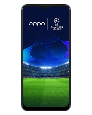 Telefon Telefon OPPO A57s Albastru, cu imagine de fundal cu logo UEFA Champions League, privit din fata