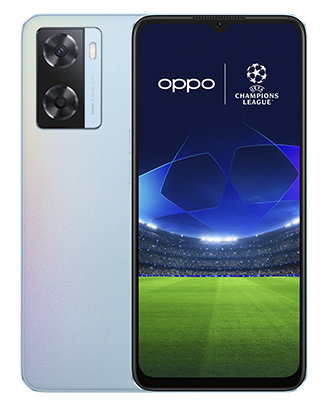 Telefon Telefon OPPO A57S Albastru, vizibil fata spate, imagine de fundal cu logo UEFA Champions League, pe telefonul cu spatele observandu-se cele 2 camere