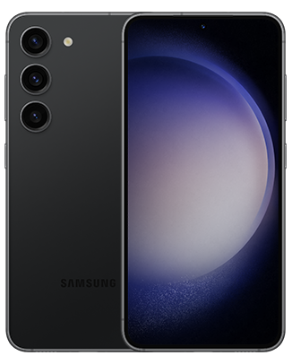 Telefon Samsung Galaxy S23, negru, vizibil fata spate, imagine de fundal cu sfera violet, pe telefonul cu spatele observandu-se cele 3 camere