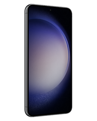 Telefon Telefon Samsung Galaxy S23, negru, vizibil din stanga fata, imagine de fundal cu sfera violet
