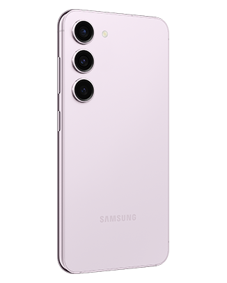 Telefon Telefon Samsung Galaxy S23, mov, privit din stanga spate, observandu-se cele 3 camere