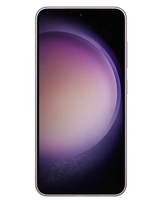 Telefon Telefon Samsung Galaxy S23, mov, vizibil din fata, imagine de fundal cu sfera violet