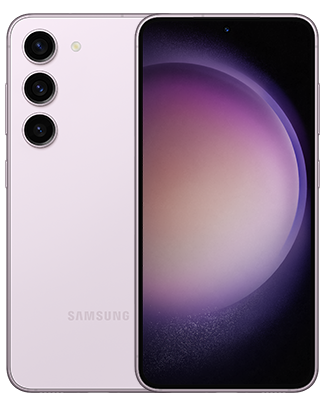 Telefon Telefon Samsung Galaxy S23, mov, vizibil fata spate, imagine de fundal cu sfera violet, pe telefonul cu spatele observandu-se cele 3 camere