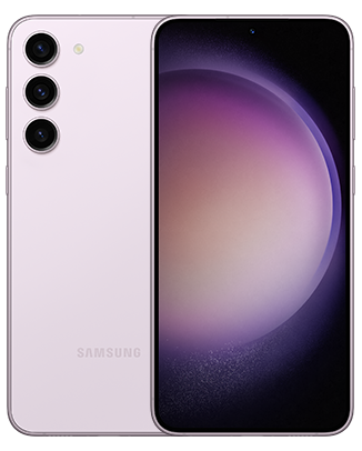 Telefon Telefon Samsung Galaxy S23 Plus, mov, vizibil fata spate, imagine de fundal cu sfera violet, pe telefonul cu spatele observandu-se cele 3 camere
