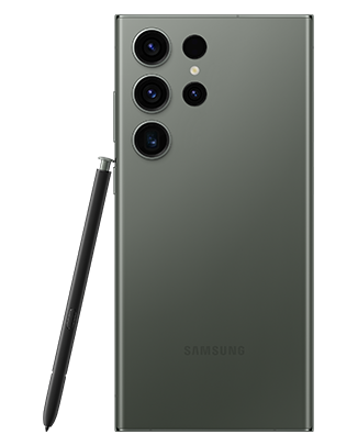 Telefon Telefon Samsung Galaxy S23 Ultra, verde, privit din spate, observandu-se cele 4 camere si instrumentul S Pen