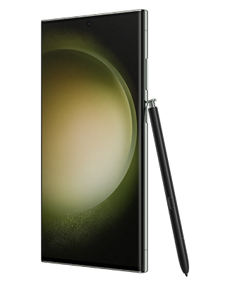 Telefon Telefon Samsung Galaxy S23 Ultra, verde, vizibil din dreapta fata, imagine de fundal cu sfera verde, observandu-se instrumentul S Pen