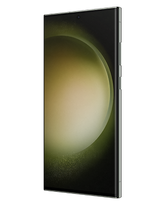 Telefon Telefon Samsung Galaxy S23 Ultra, verde, vizibil din dreapta fata, imagine de fundal cu sfera verde