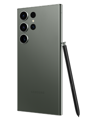 Telefon Telefon Samsung Galaxy S23 Ultra, verde, privit din dreapta spate, observandu-se cele 4 camere si instrumentul S Pen